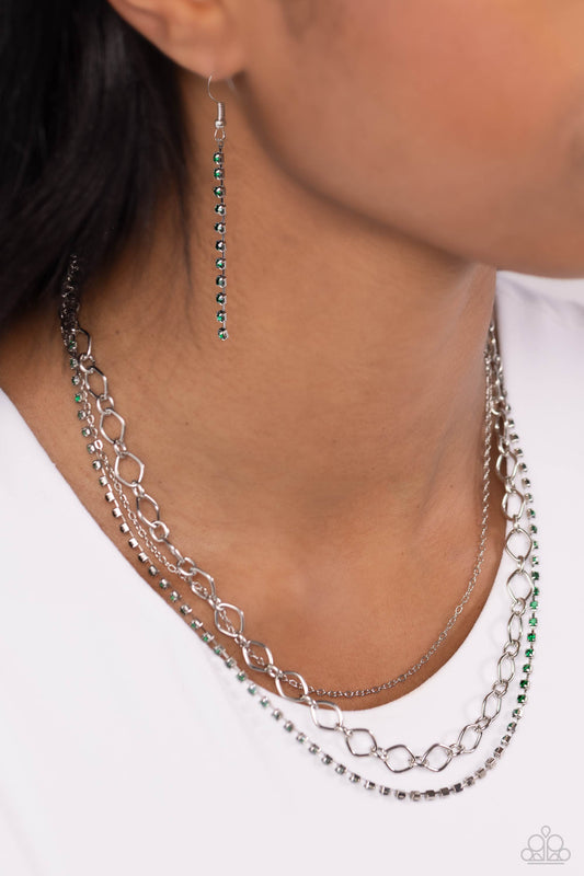 Tasteful Tiers - Green Rhinestone Silver Layered Short Necklace