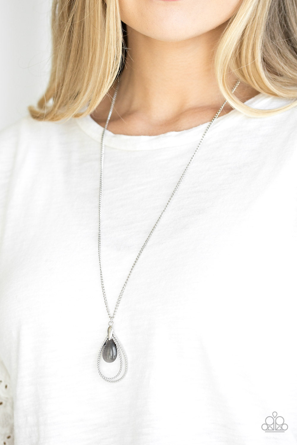 Teardrop Tranquility - Black Moonstone Pendant Silver Medium Length Necklace