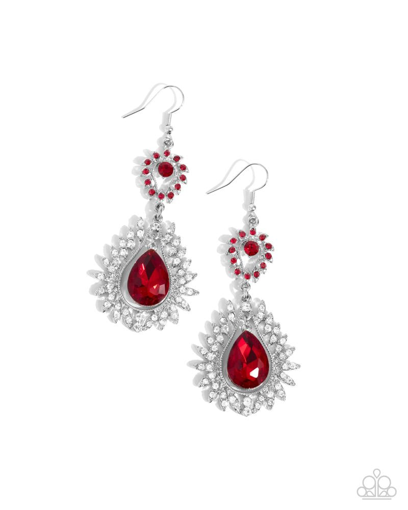 Teardrop Traveler - Red Gem White Rhinestone Silver Fishhook Earrings