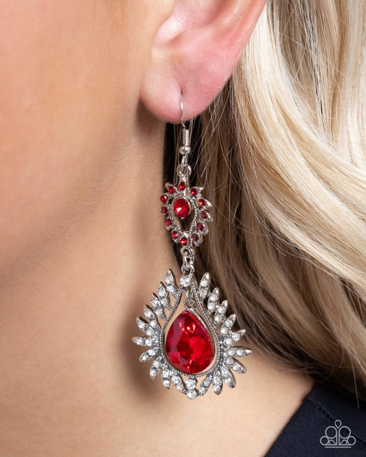 Teardrop Traveler - Red Gem White Rhinestone Silver Fishhook Earrings