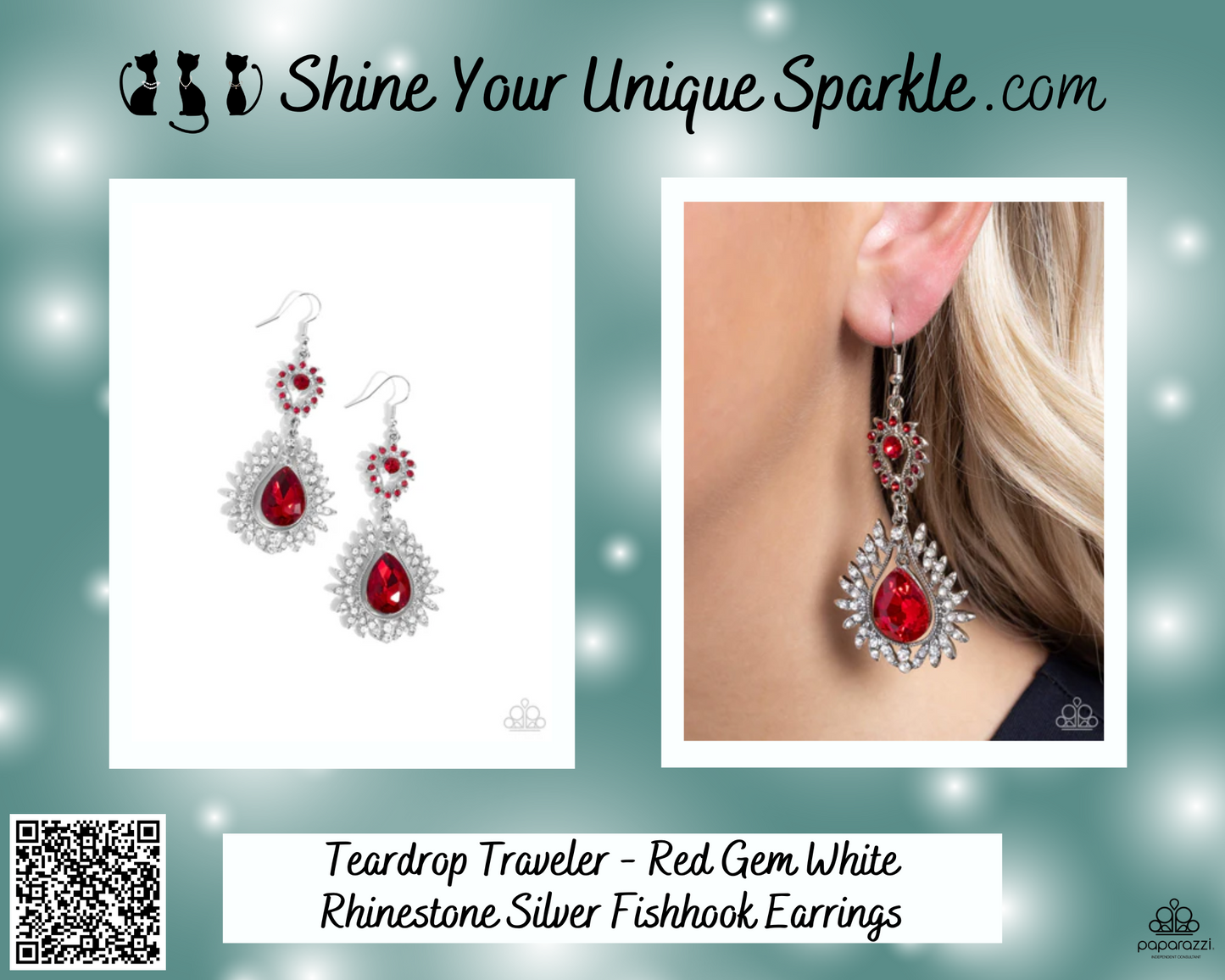 Teardrop Traveler - Red Gem White Rhinestone Silver Fishhook Earrings