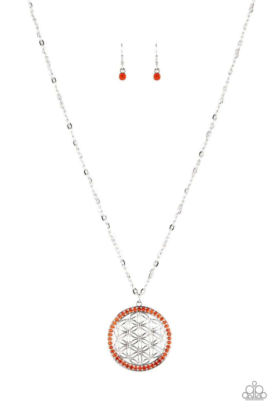 Tearoom Twinkle - Orange Rhinestone Filigree Silver Pendant Medium Length Necklace