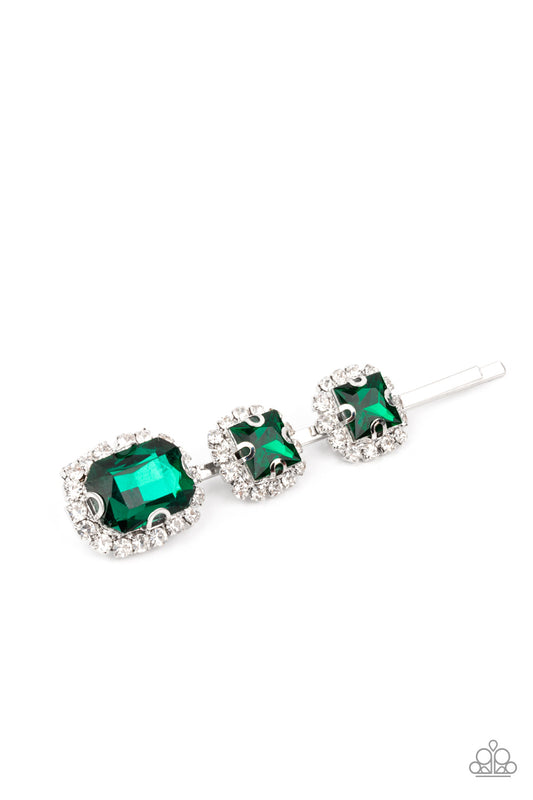 Teasable Twinkle - Green Gem White Rhinestones Silver Hair Clip