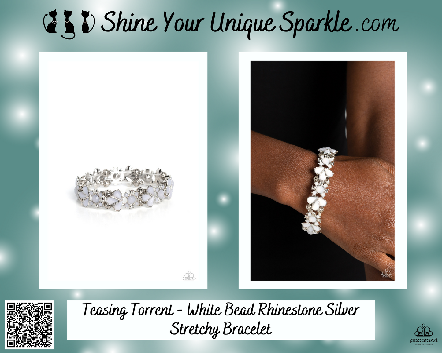 Teasing Torrent - White Bead Rhinestone Silver Stretchy Bracelet