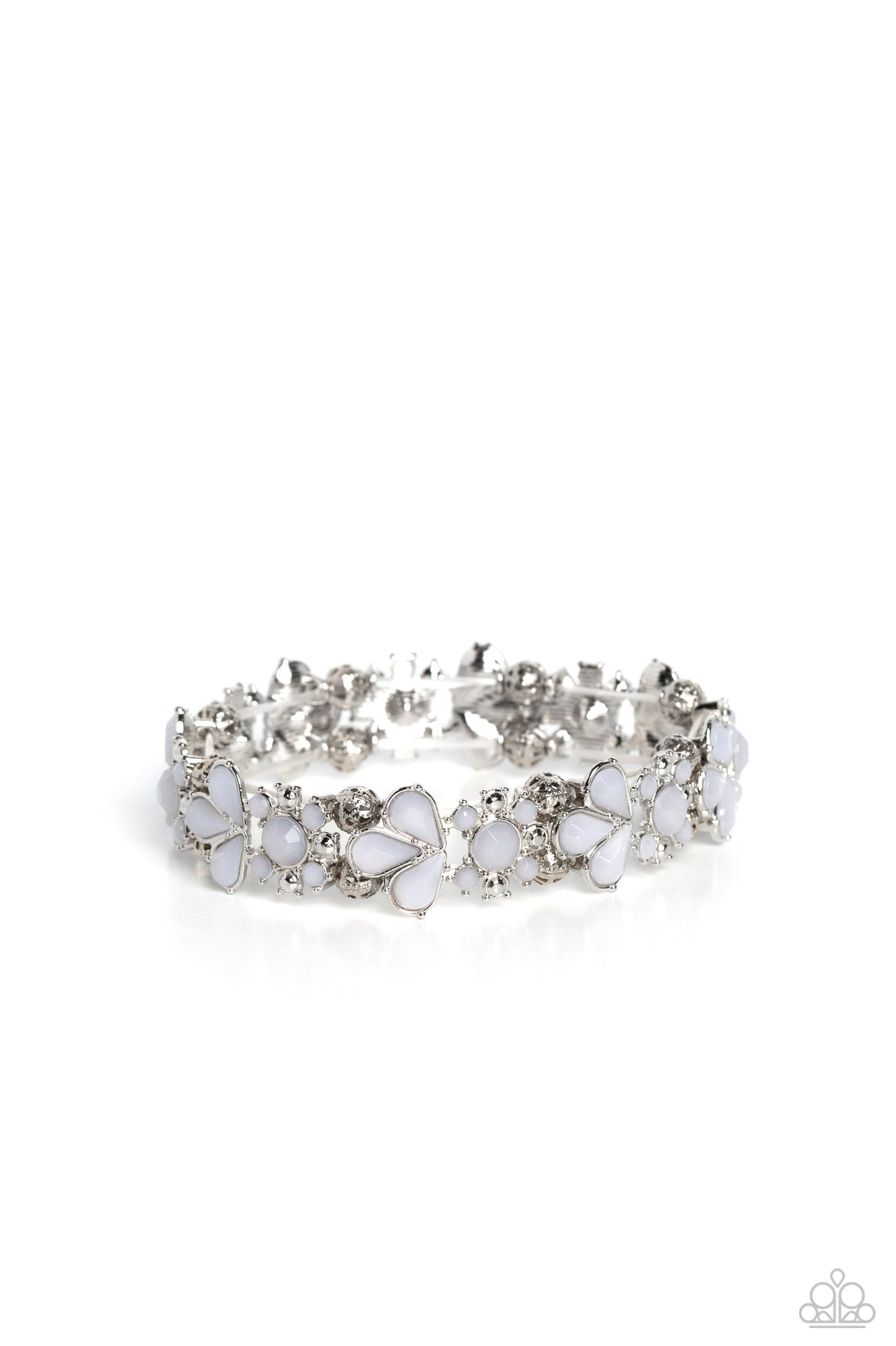 Teasing Torrent - White Bead Rhinestone Silver Stretchy Bracelet