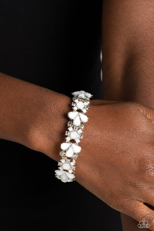 Teasing Torrent - White Bead Rhinestone Silver Stretchy Bracelet