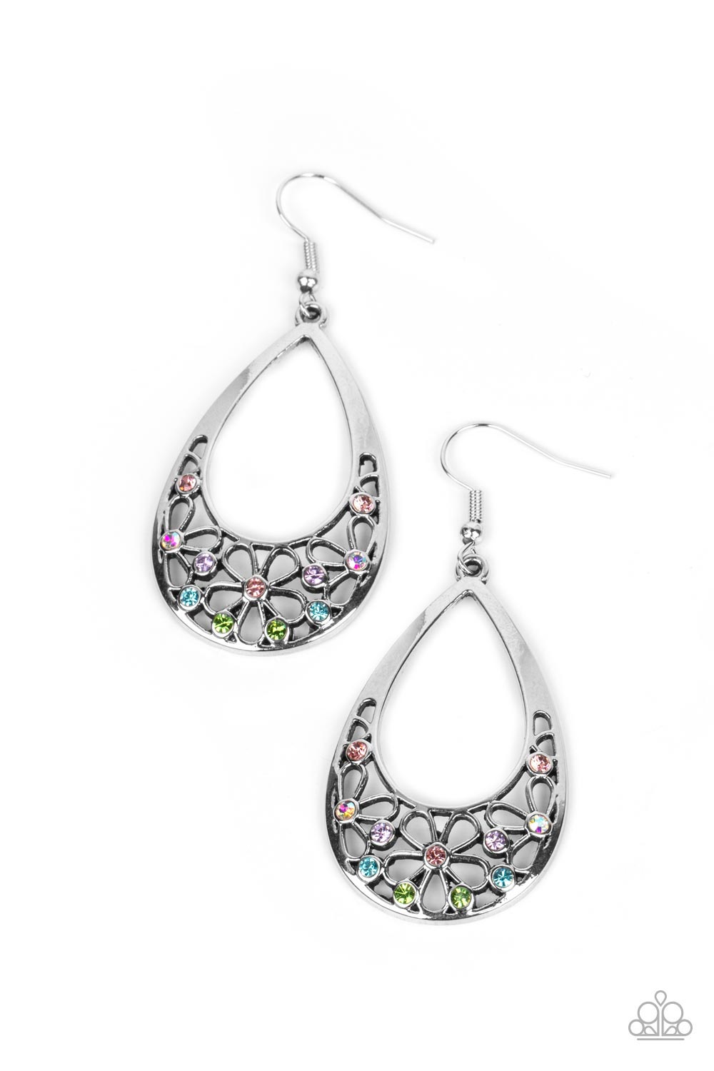 Terrace Trinket - Multi Color and Iridescent Rhinestone Silver Floral Fishhook Earrings