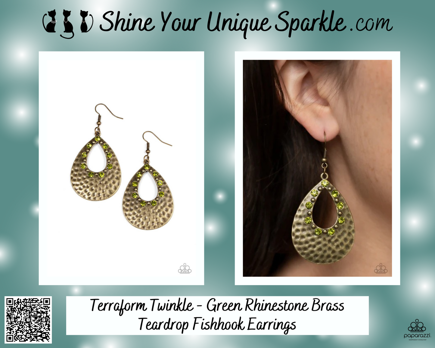 Terraform Twinkle - Green Rhinestone Brass Teardrop Fishhook Earrings