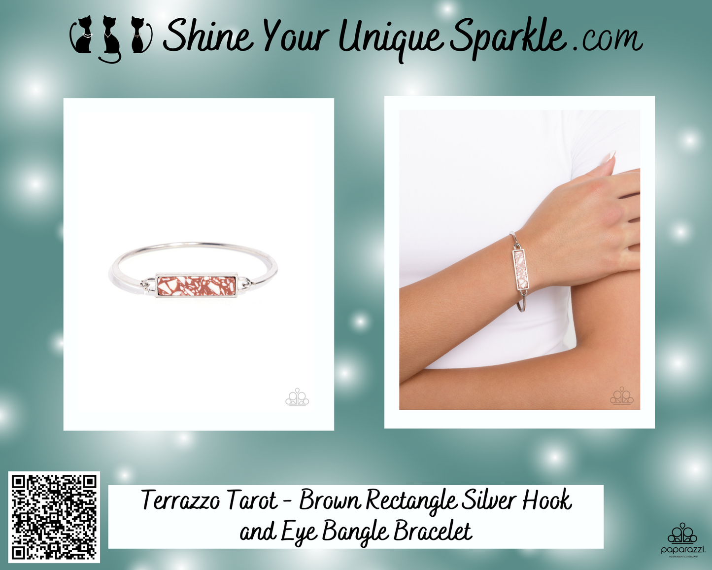 Terrazzo Tarot - Brown Rectangle Silver Hook and Eye Bangle Bracelet