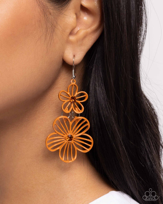 Textured Tiers - Orange Tomato Cream Flower Tea Rhinestone Fishhook Earrings