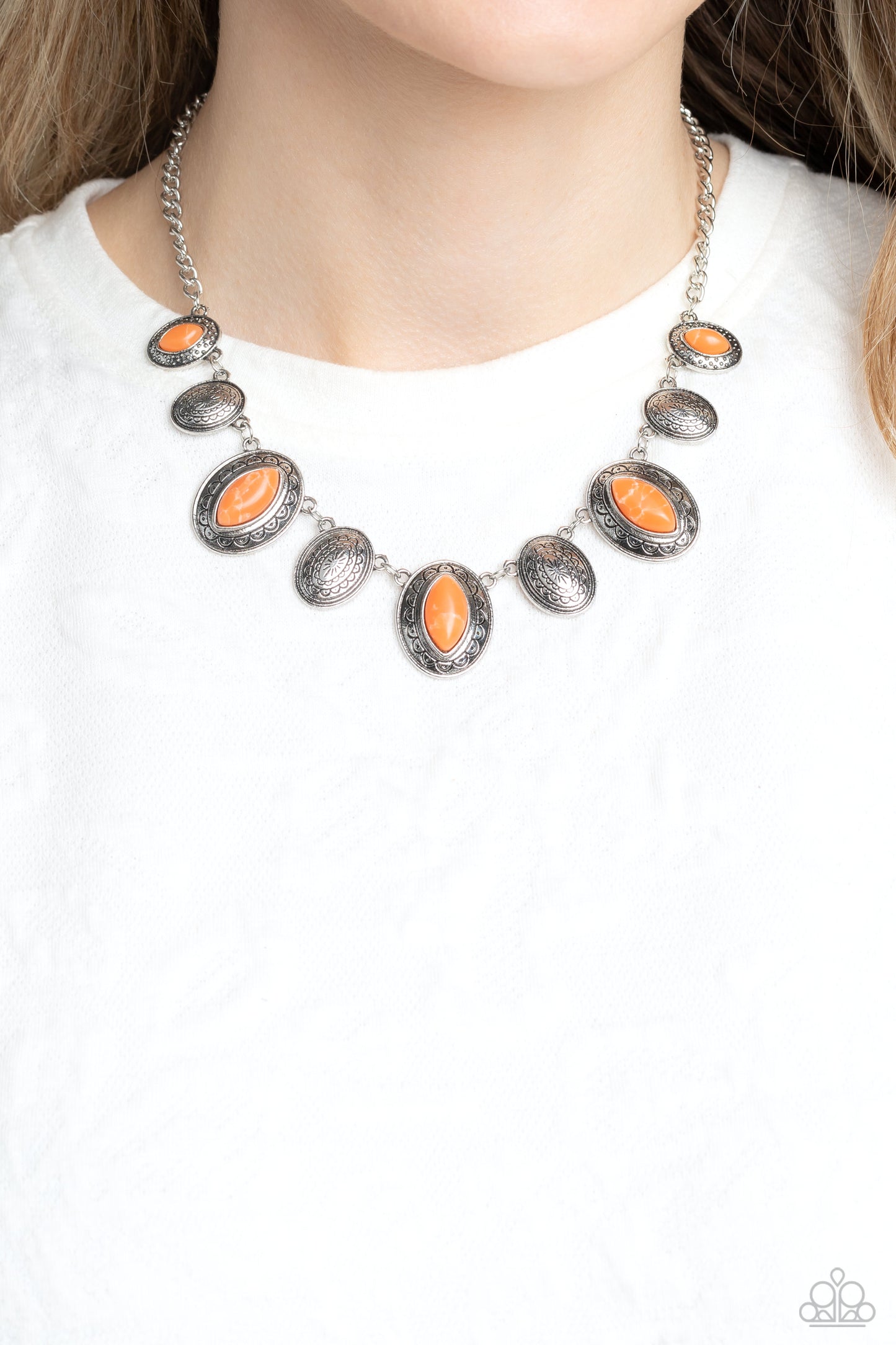 Textured Trailblazer - Orange Stone Silver Oval Short Necklace