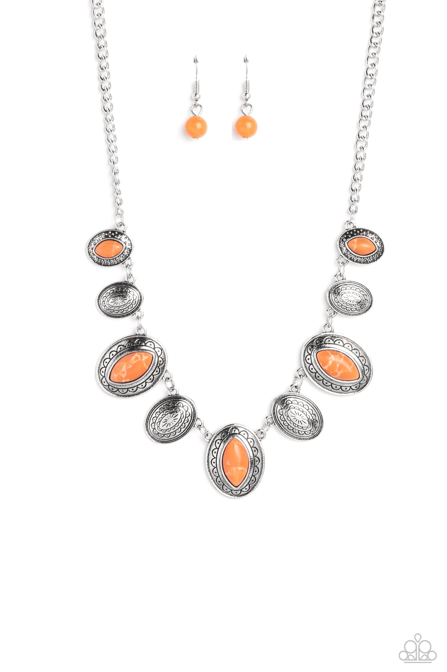 Textured Trailblazer - Orange Stone Silver Oval Short Necklace