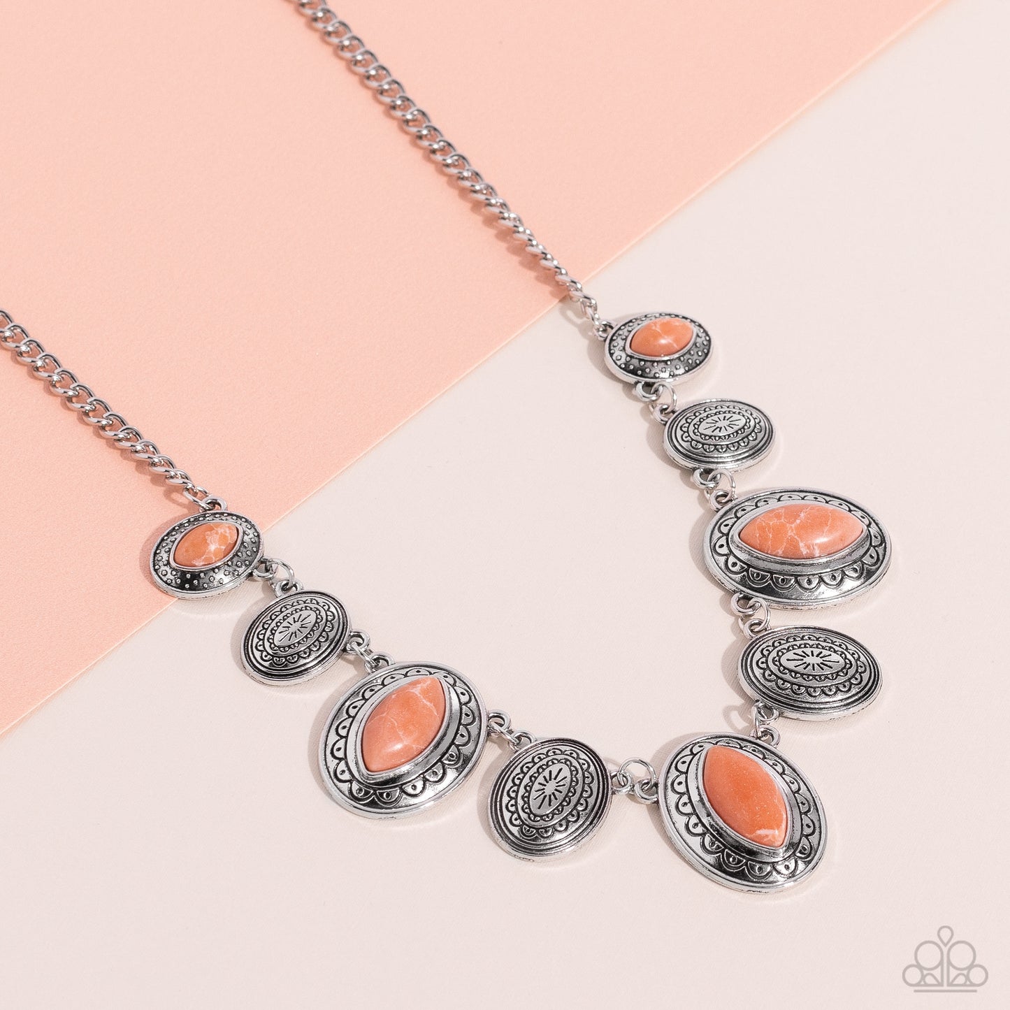 Textured Trailblazer - Orange Stone Silver Oval Short Necklace