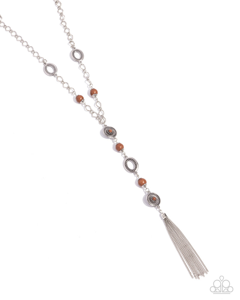 The Natural Order - Brown Crackle Stone Beads Silver Floral Frames Accent Y Long Tassel Necklace