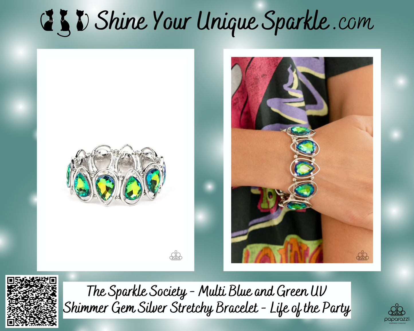 The Sparkle Society - Multi Blue and Green UV Shimmer Gem Silver Stretchy Bracelet - Life of the Party