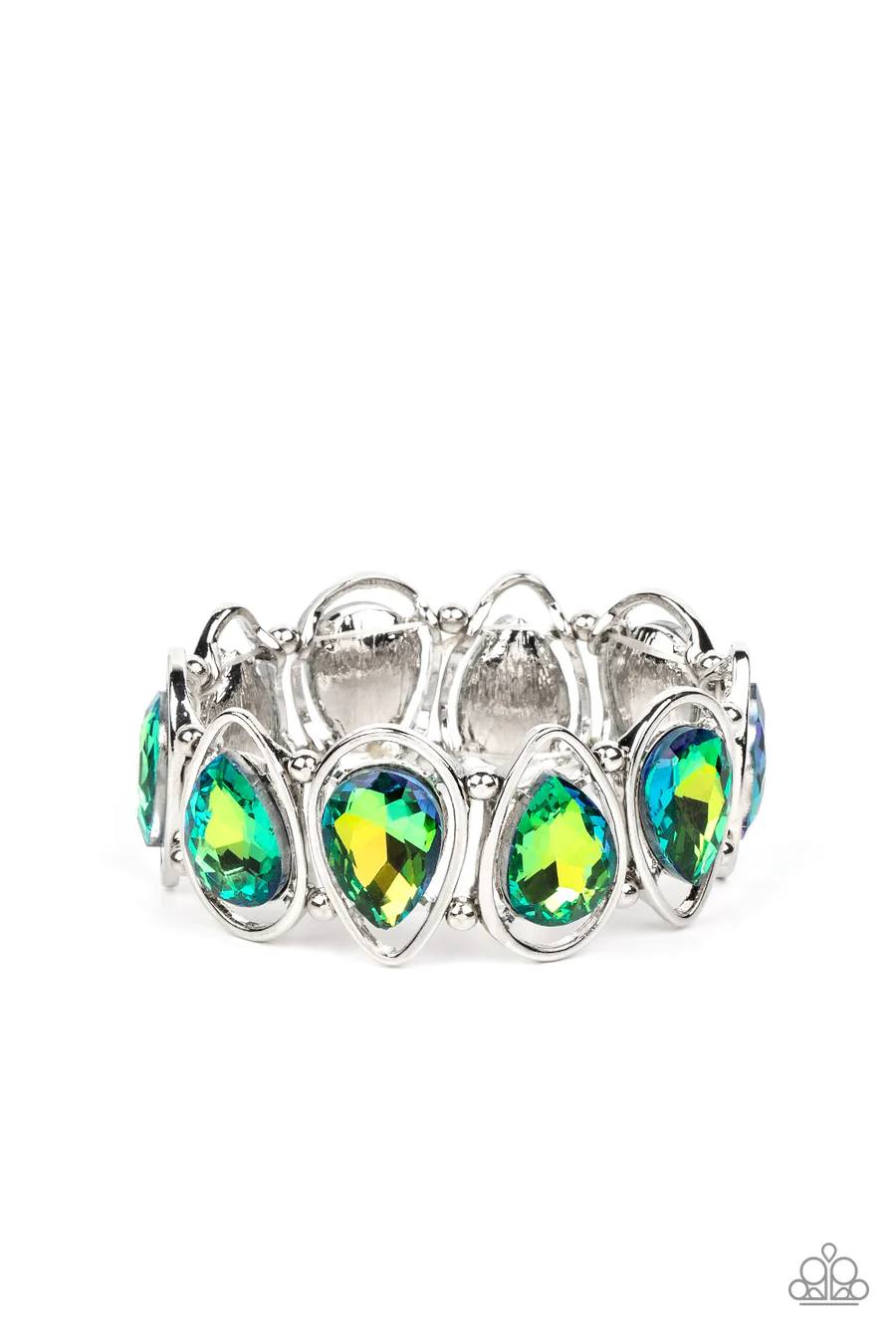 The Sparkle Society - Multi Blue and Green UV Shimmer Gem Silver Stretchy Bracelet - Life of the Party