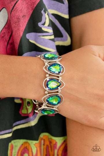 The Sparkle Society - Multi Blue and Green UV Shimmer Gem Silver Stretchy Bracelet - Life of the Party