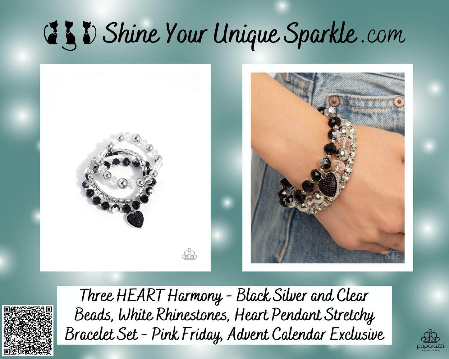 Three HEART Harmony - Black Silver and Clear Beads, White Rhinestones, Heart Pendant Stretchy Bracelet Set - Pink Friday, Advent Calendar Exclusive