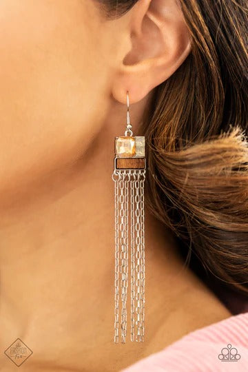 Thrift Shop Shimmer - Multi Peach Opalescent Gem Wood Silver Tassel Earrings - Fashion Fix