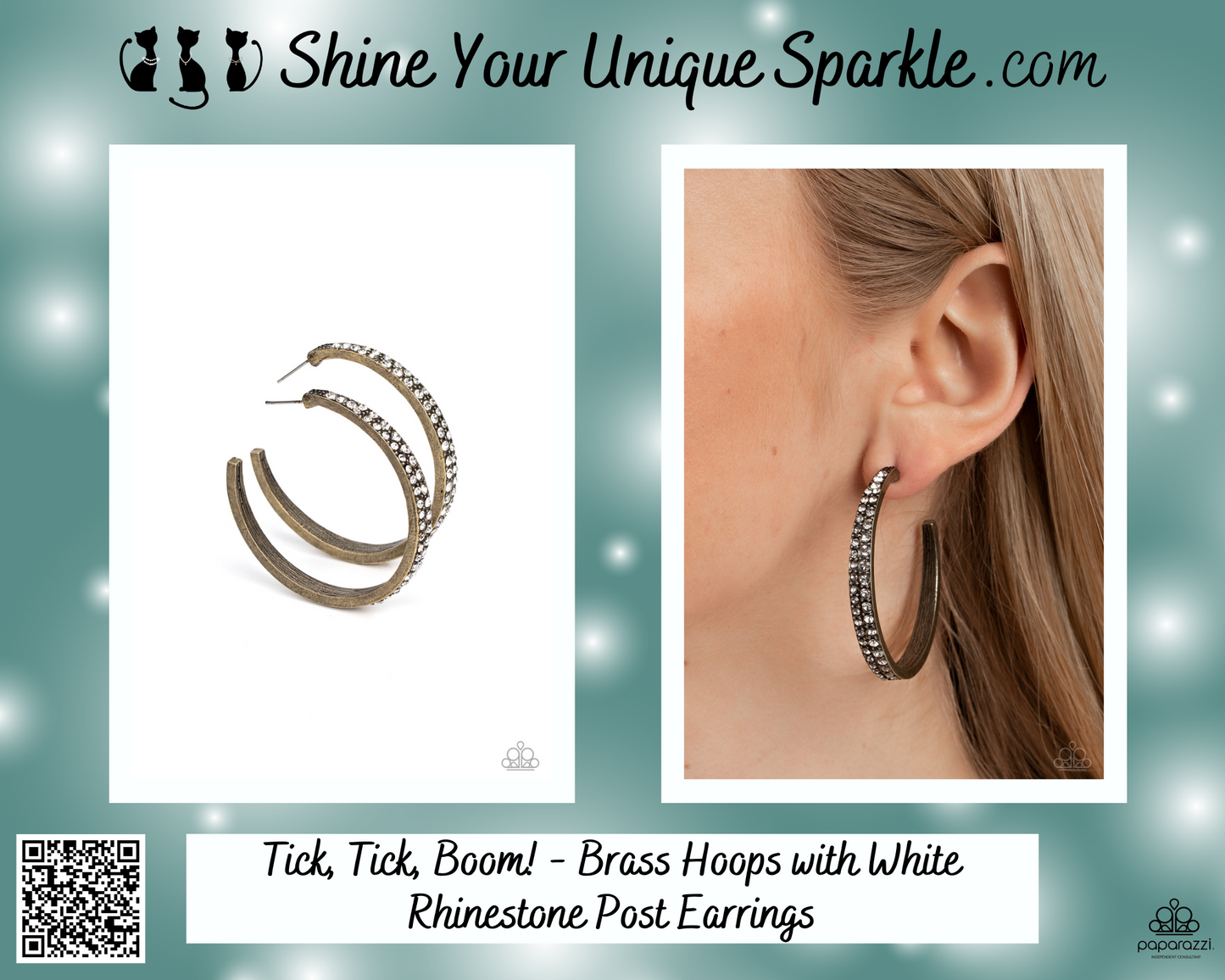 Tick, Tick, Boom! - Brass Hoops with White Rhinestone Post Earrings