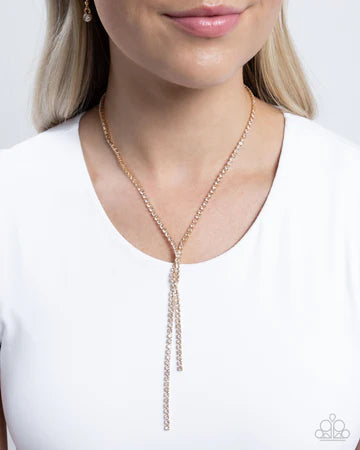 Timeless Team - Gold White Rhinestone Y Short Necklace