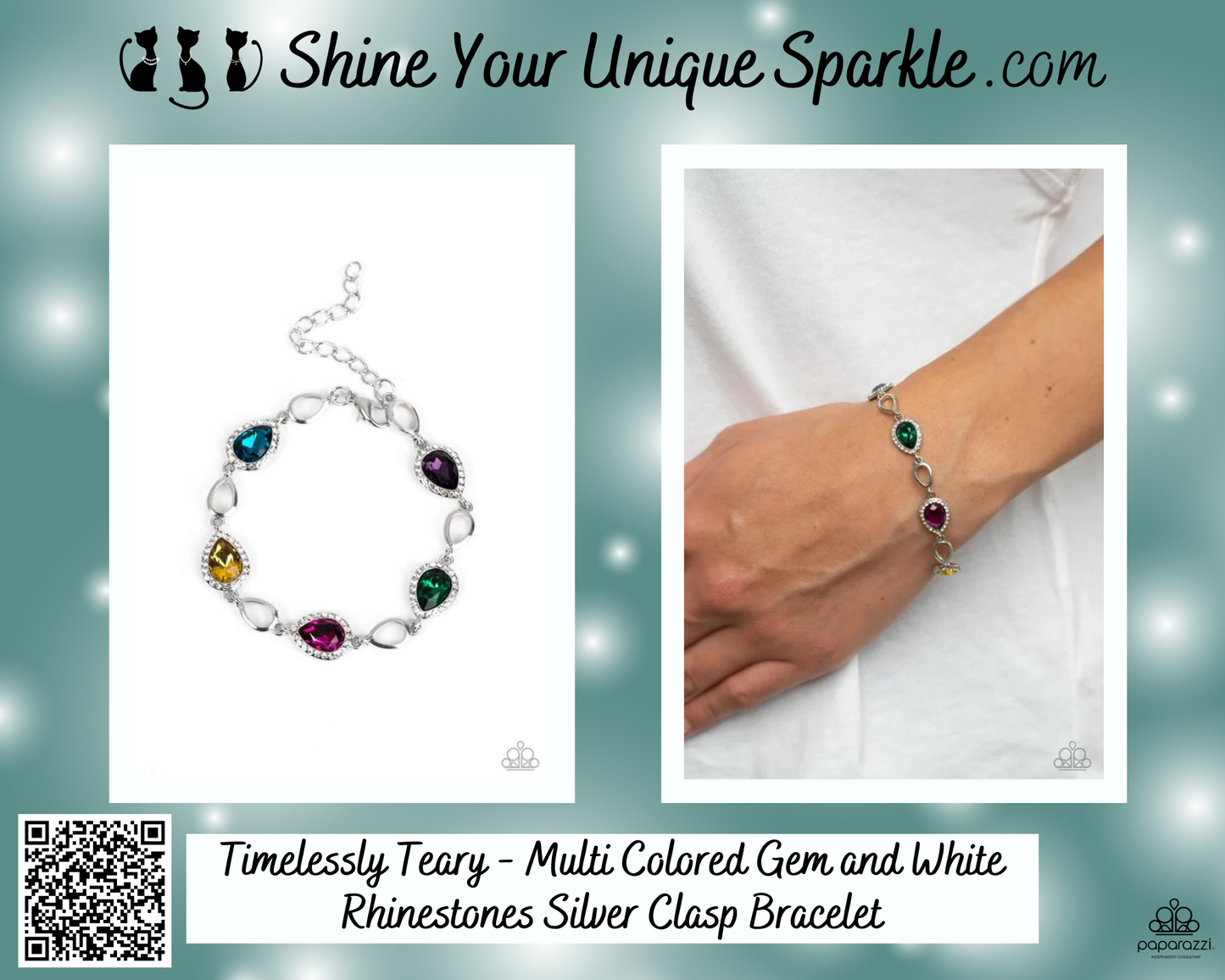 Timelessly Teary - Multi Colored Gem and White Rhinestones Silver Clasp Bracelet