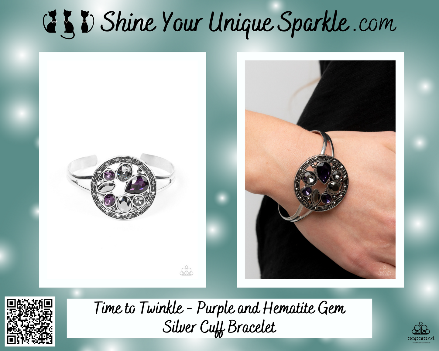 Time to Twinkle - Purple and Hematite Gem Silver Cuff Bracelet