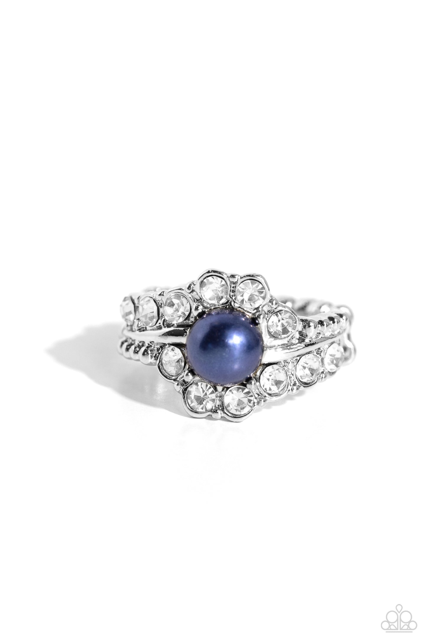 Titanic Tango - Blue Pearl White Rhinestone Silver Ring