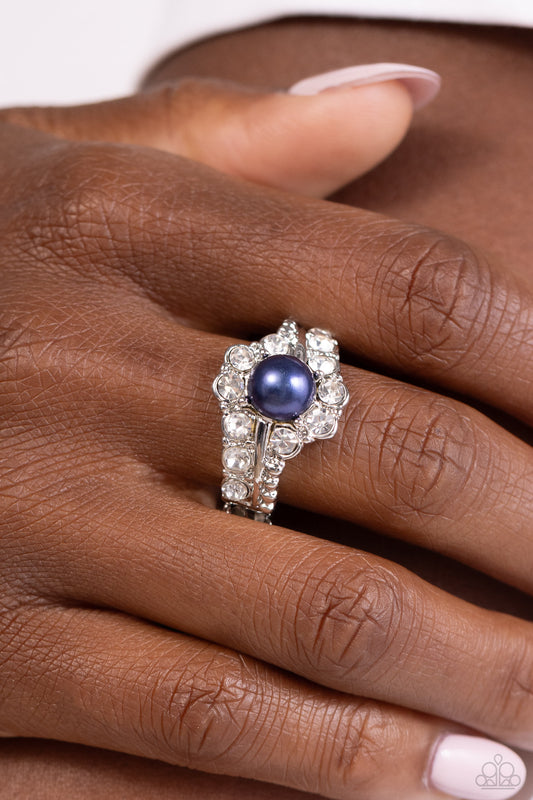 Titanic Tango - Blue Pearl White Rhinestone Silver Ring