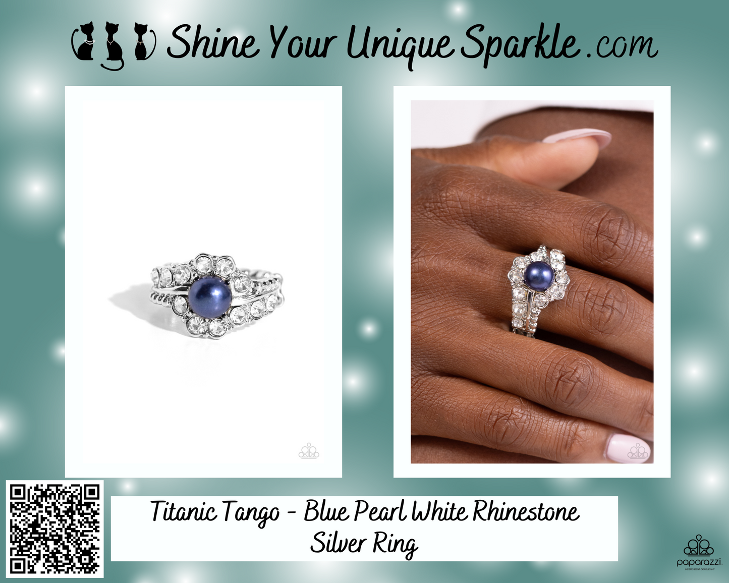 Titanic Tango - Blue Pearl White Rhinestone Silver Ring