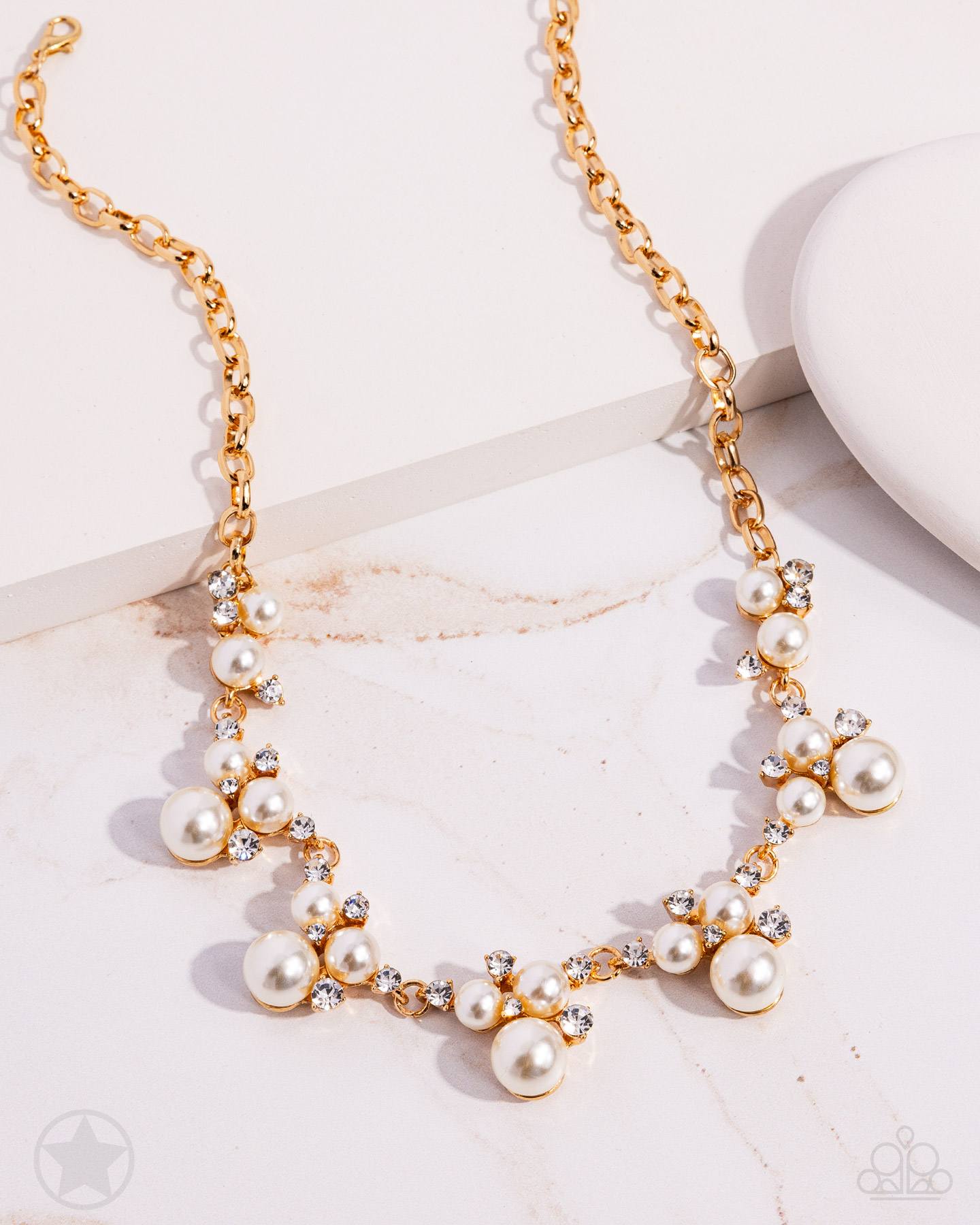 Toast to Perfection - Gold Pearl and Rhinestone Necklace - Blockbuster
