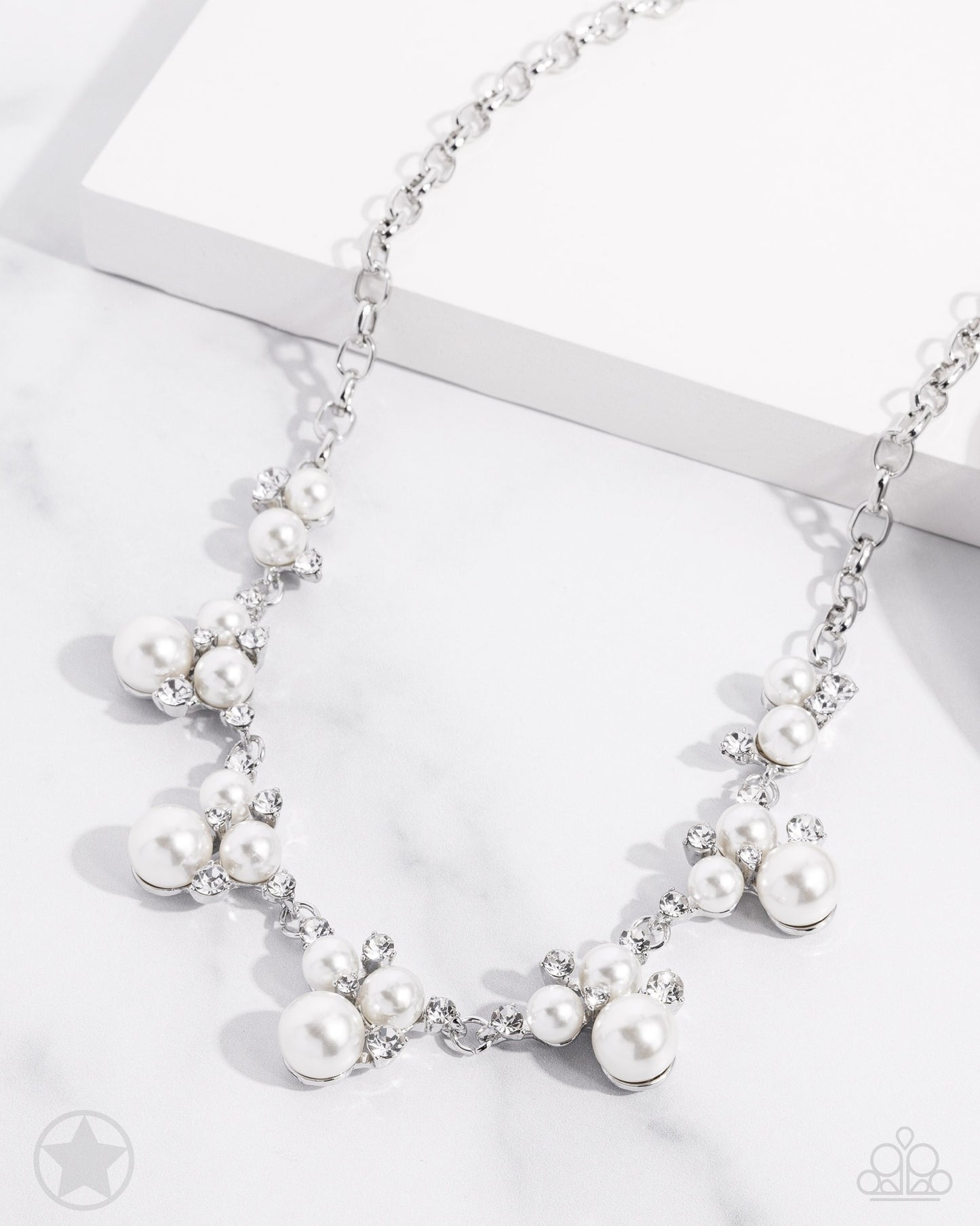 Toast to Perfection - White Rhinestone and Pearl Necklace - Blockbuster