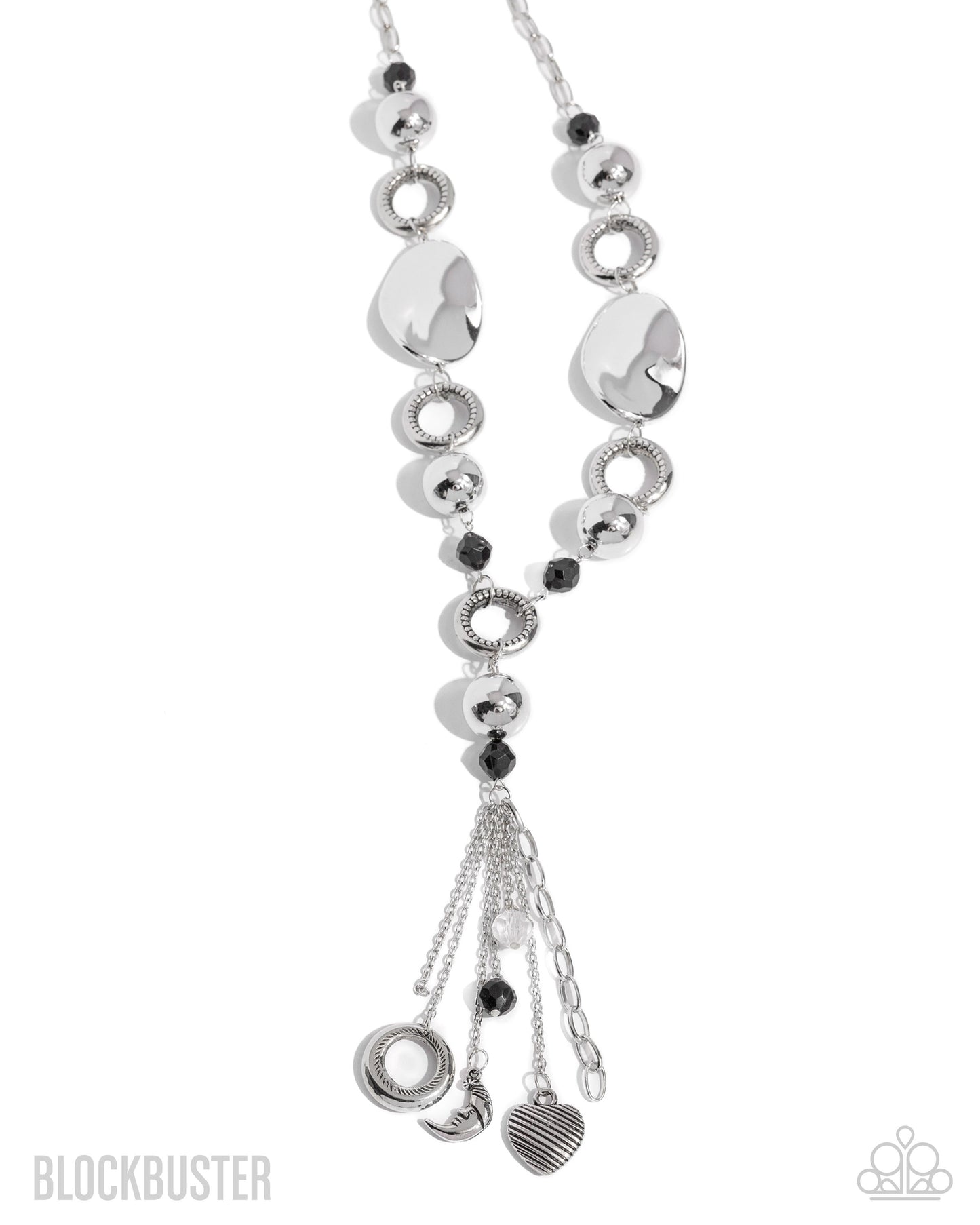 Total Eclipse of the Heart - Silver and Black Bead Charm Y Long Necklace - Blockbuster