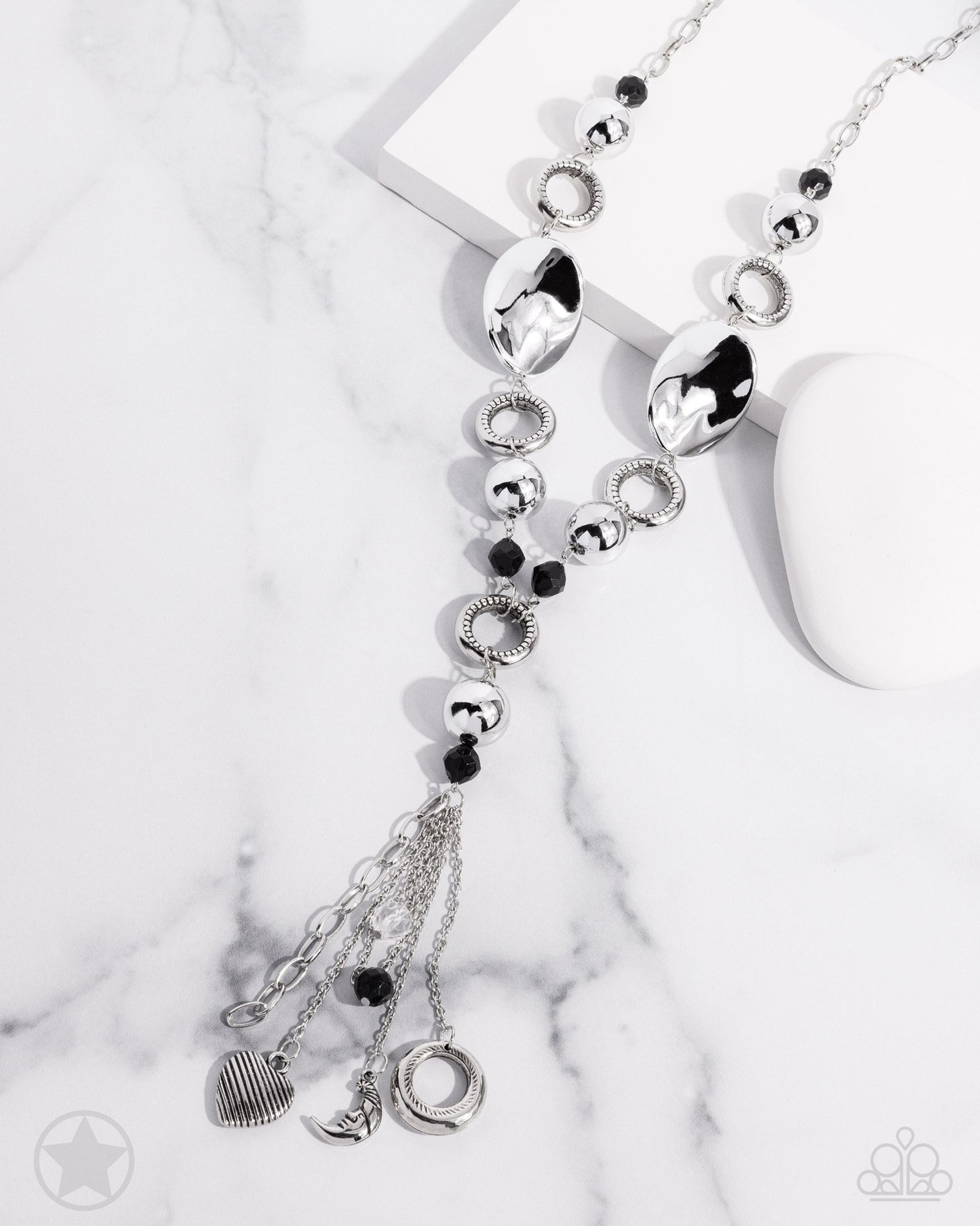 Total Eclipse of the Heart - Silver and Black Bead Charm Y Long Necklace - Blockbuster