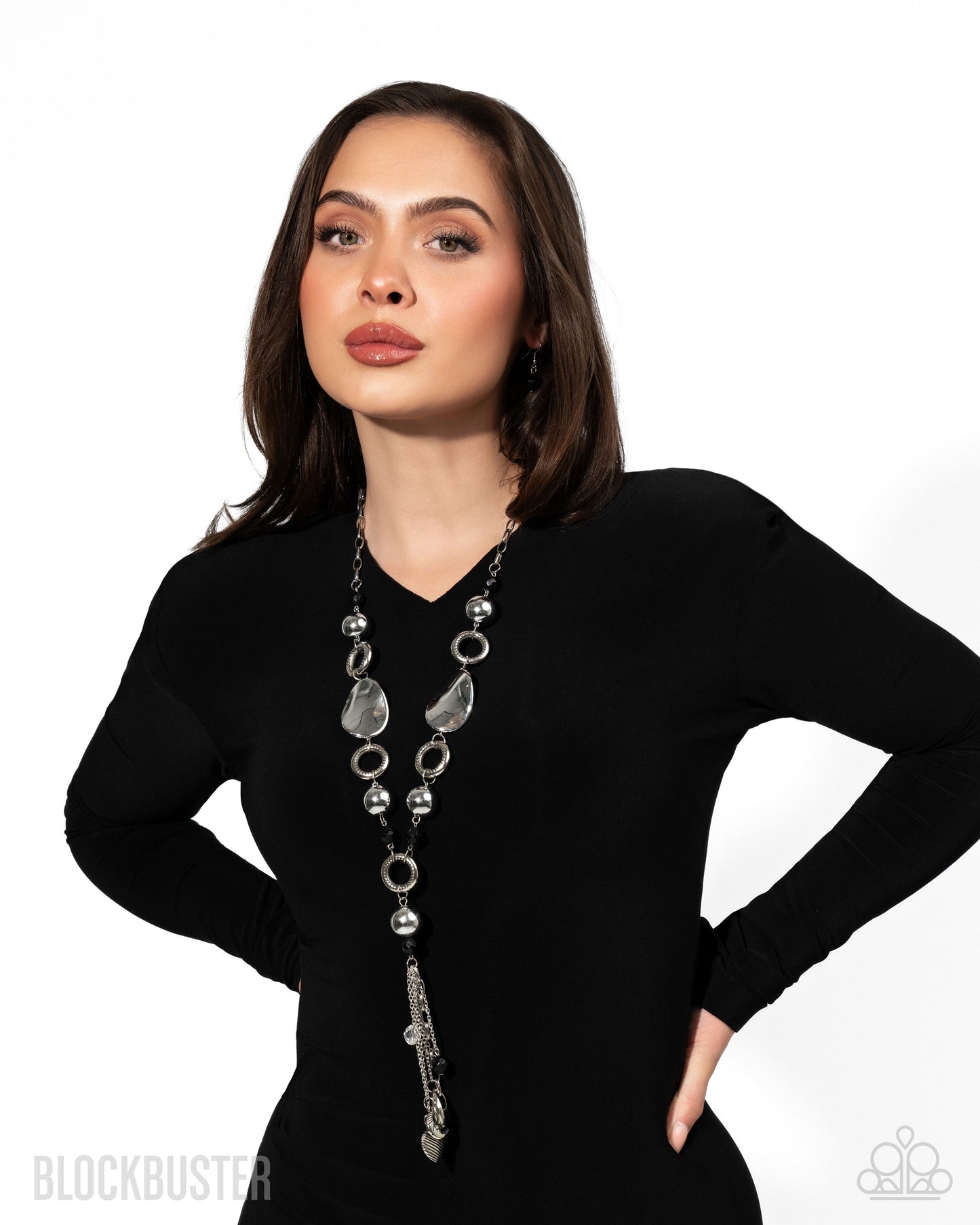 Total Eclipse of the Heart - Silver and Black Bead Charm Y Long Necklace - Blockbuster