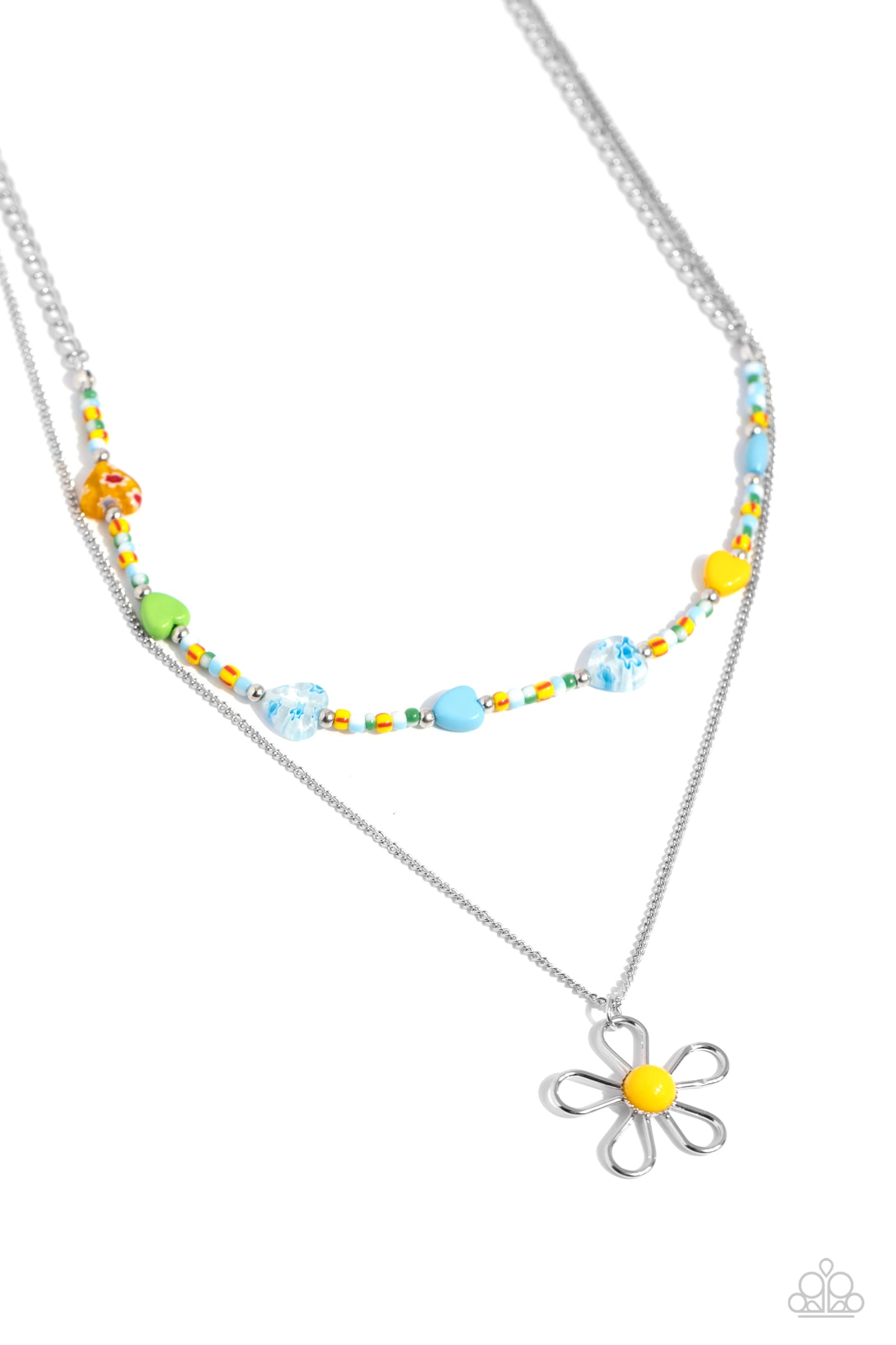 Traditionally Trendy - Yellow Colorful Seed Bead Heart Silver Flower Short Layered Necklace