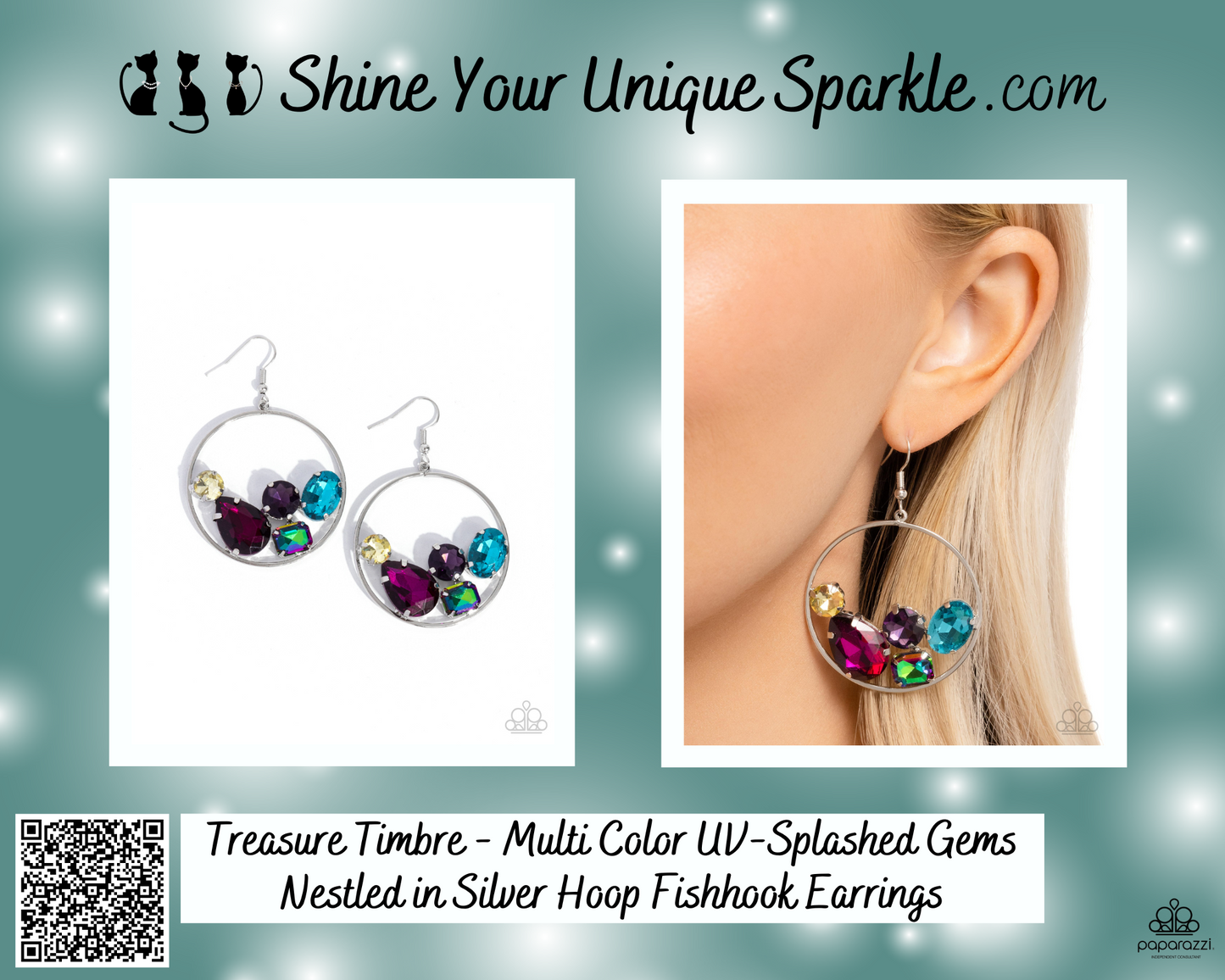 Treasure Timbre - Multi Color UV-Splashed Gems Nestled in Silver Hoop Fishhook Earrings