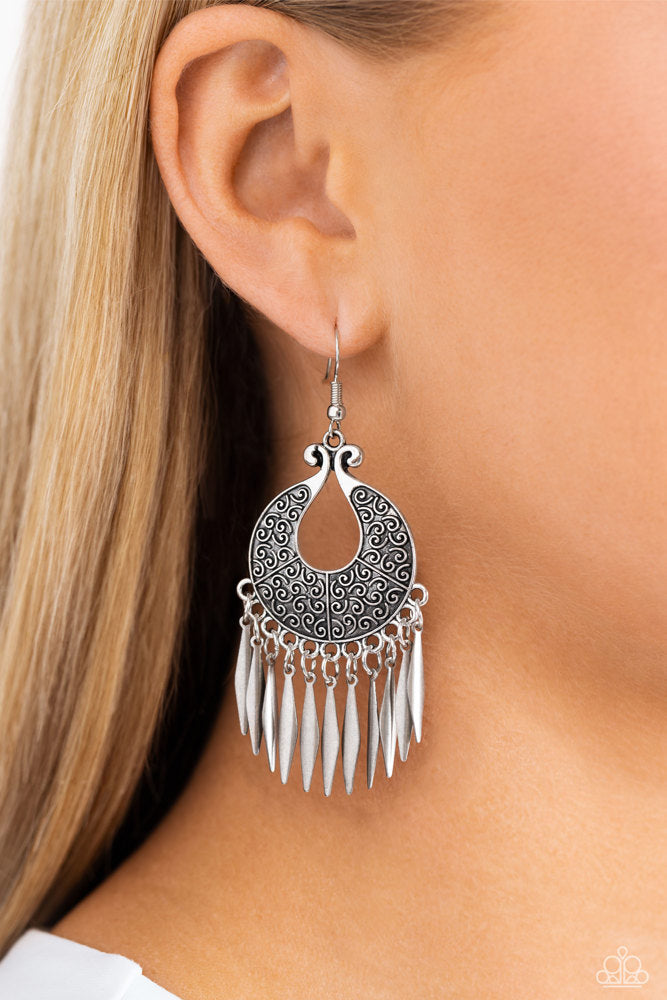 Tribal Charm - Silver Fringe Filigree Fishhook Earrings