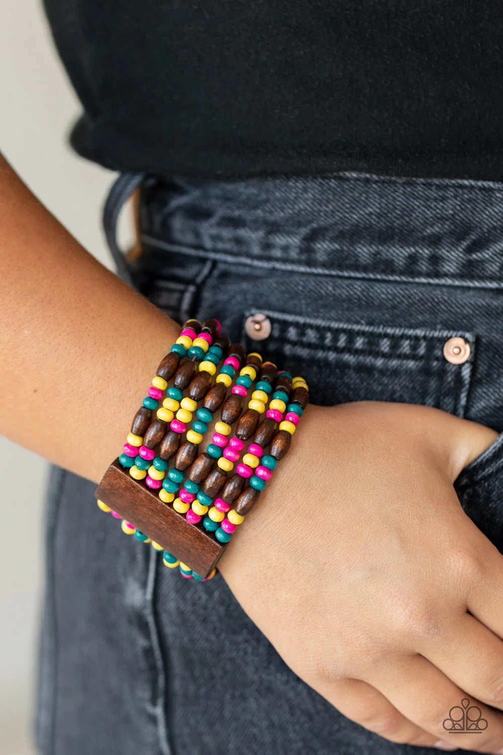 Tropical Nirvana - Multi Color Pink Yellow Turquoise Wooden Bead Stretchy Bracelet