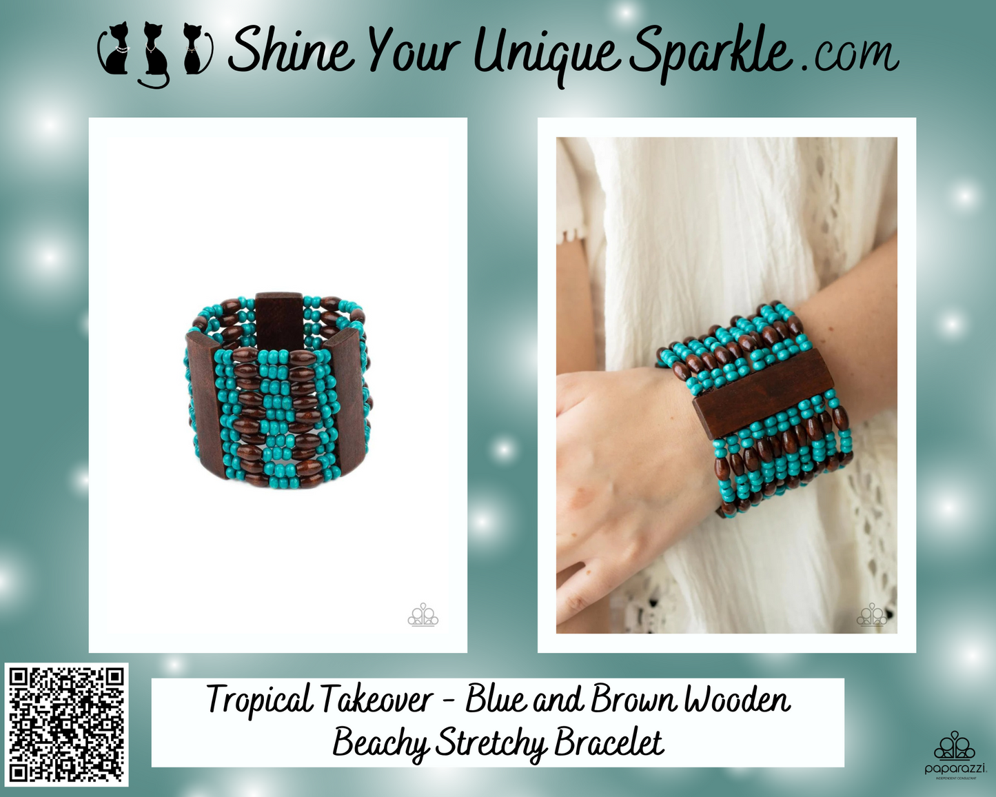 Tropical Takeover - Blue and Brown Wooden Beachy Stretchy Bracelet