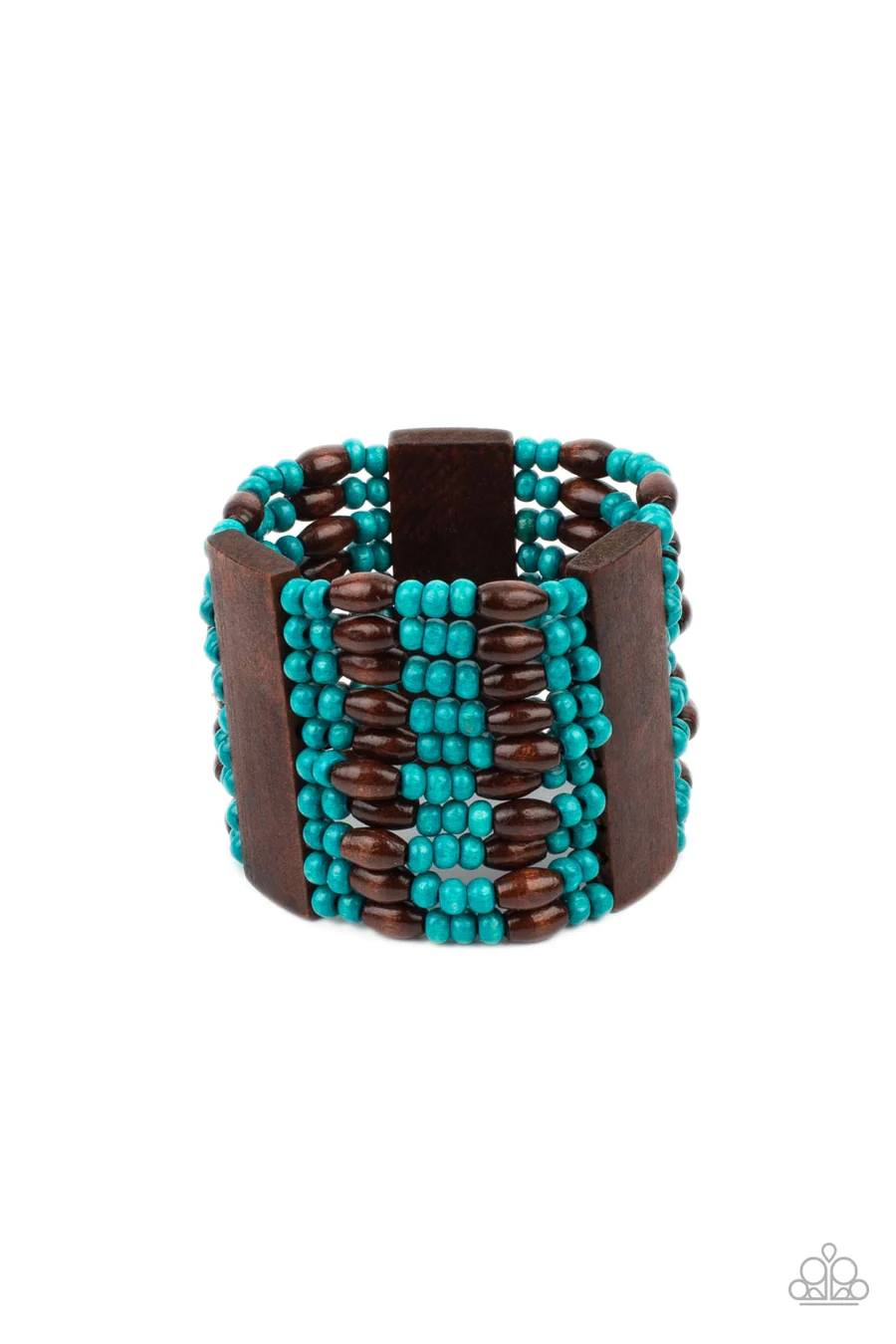 Tropical Takeover - Blue and Brown Wooden Beachy Stretchy Bracelet