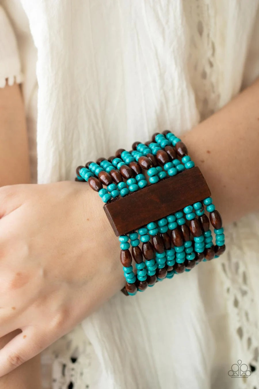 Tropical Takeover - Blue and Brown Wooden Beachy Stretchy Bracelet