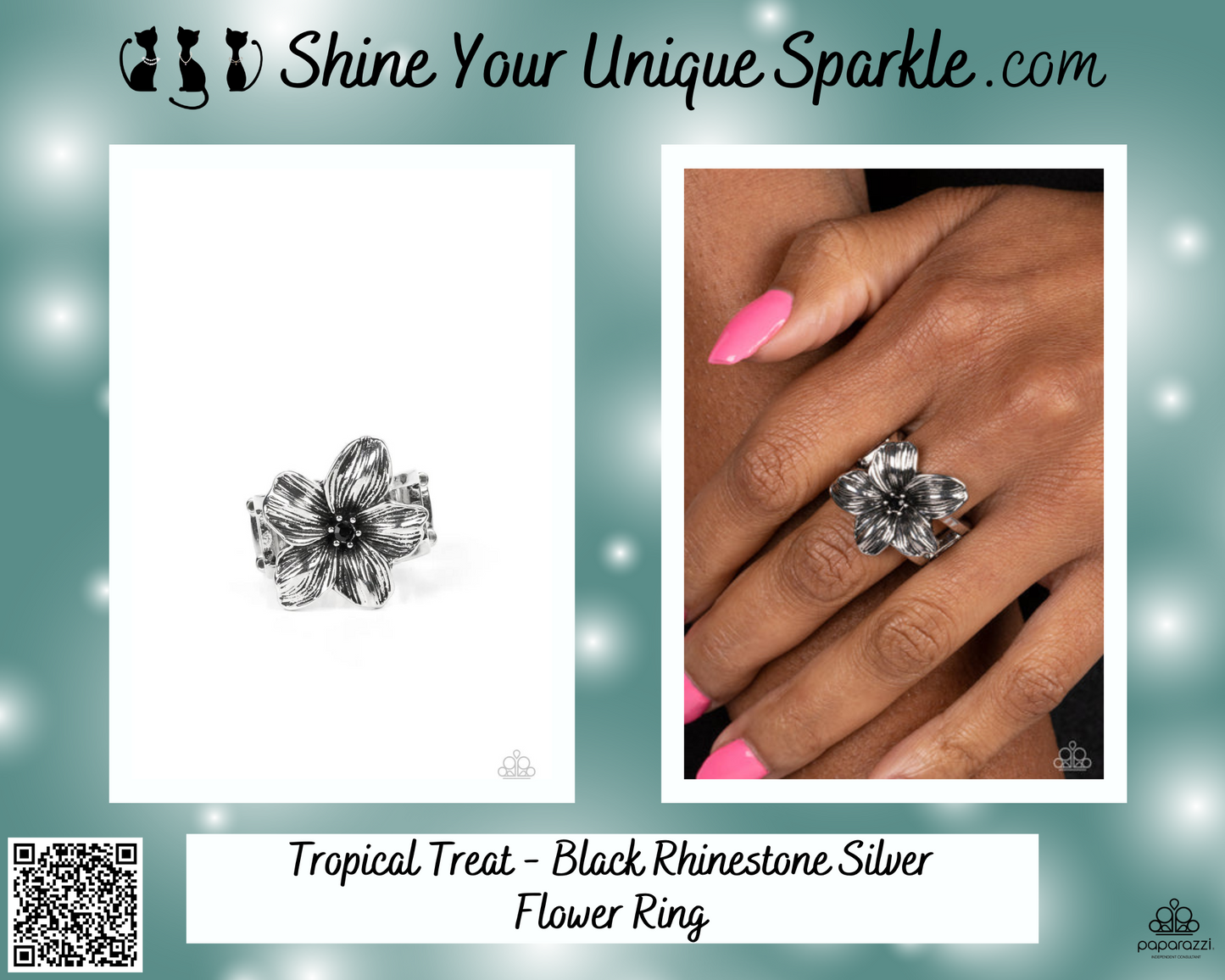 Tropical Treat - Black Rhinestone Silver Flower Ring