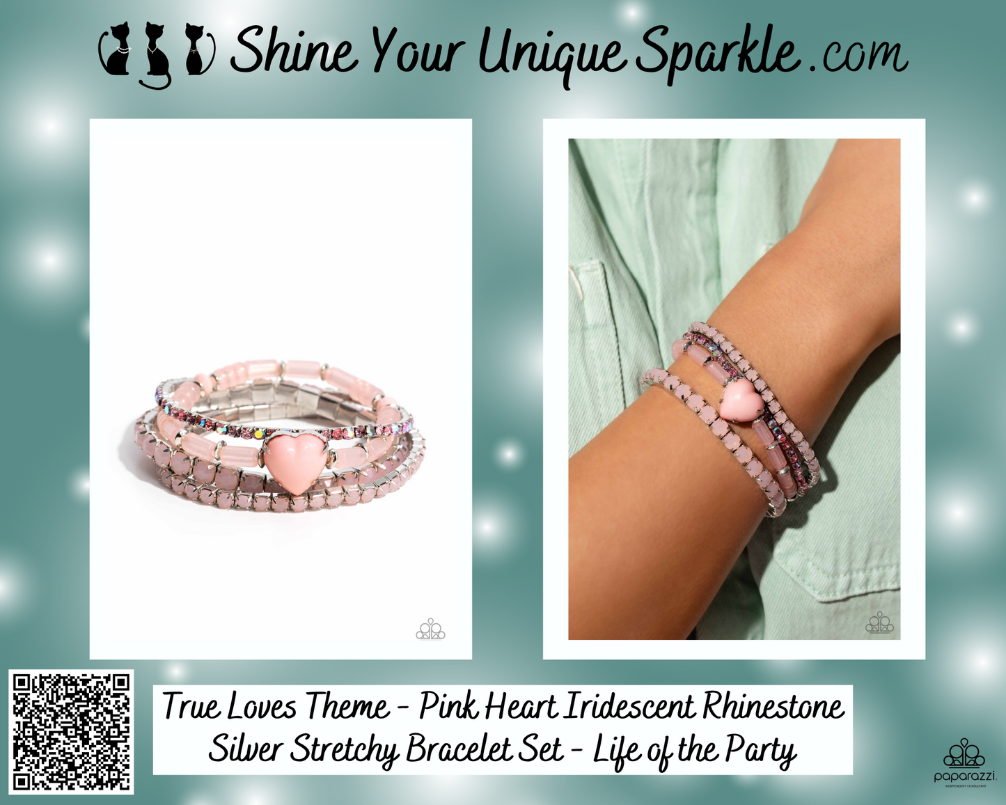 True Loves Theme - Pink Heart Iridescent Rhinestone Silver Stretchy Bracelet Set - Life of the Party