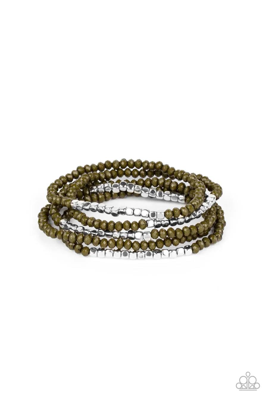 Tulum Trek - Green and Silver Bead Petite Stretchy Bracelet Set