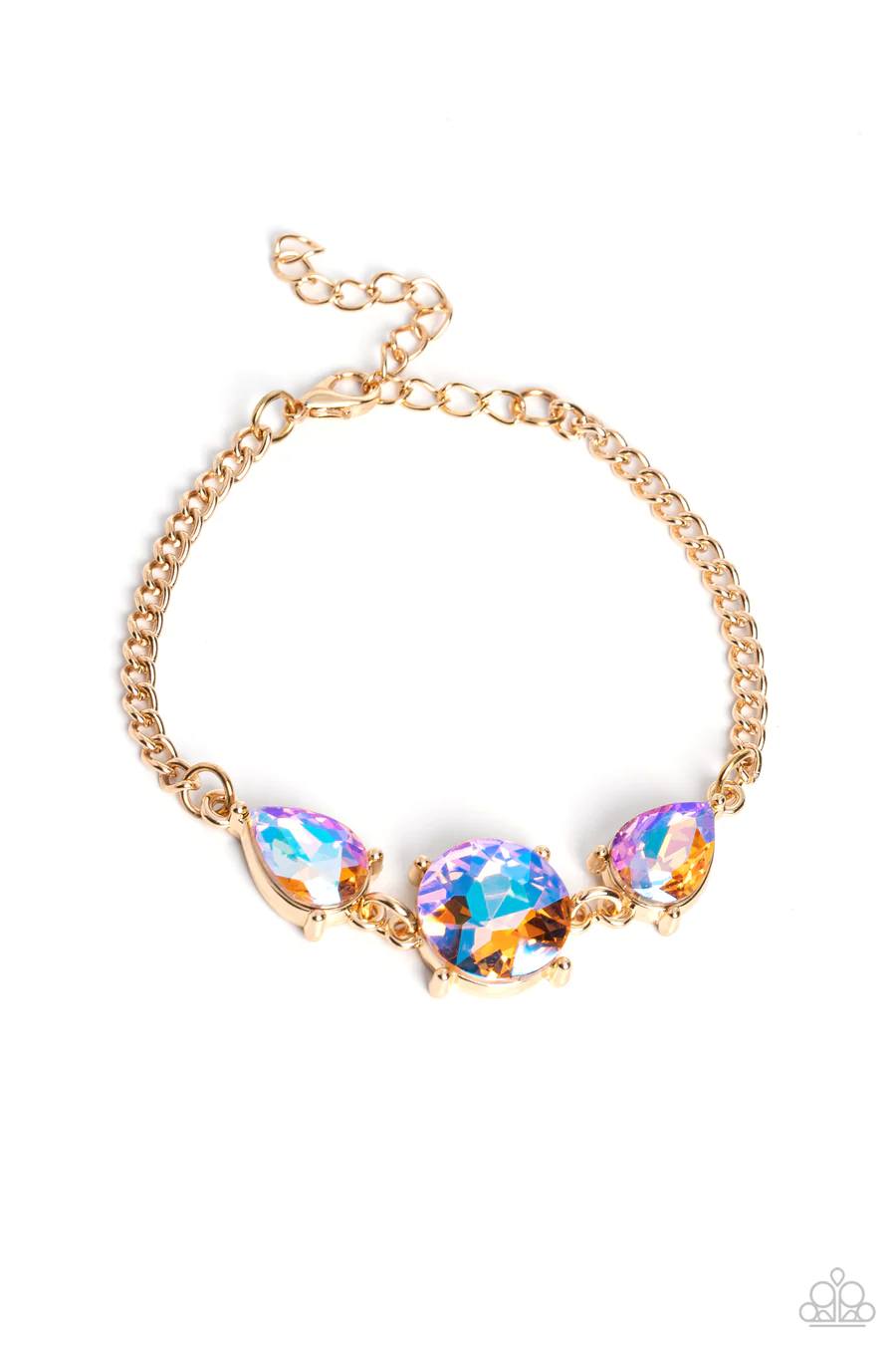 PERFECT MATCH / SET: Round Royalty - Gold Iridescent Gem Short Necklace AND Twinkling Trio - Gold Iridescent Gem Clasp Bracelet