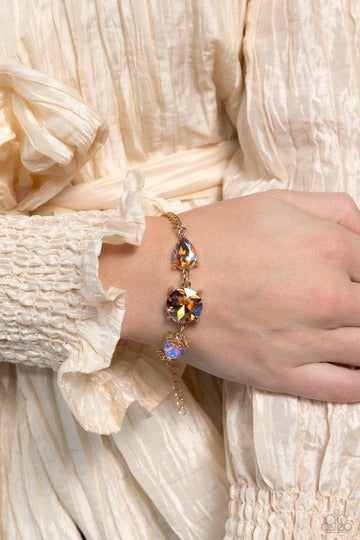 PERFECT MATCH / SET: Round Royalty - Gold Iridescent Gem Short Necklace AND Twinkling Trio - Gold Iridescent Gem Clasp Bracelet