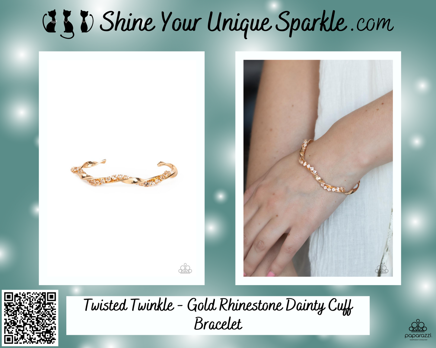 Twisted Twinkle - Gold Rhinestone Dainty Cuff Bracelet