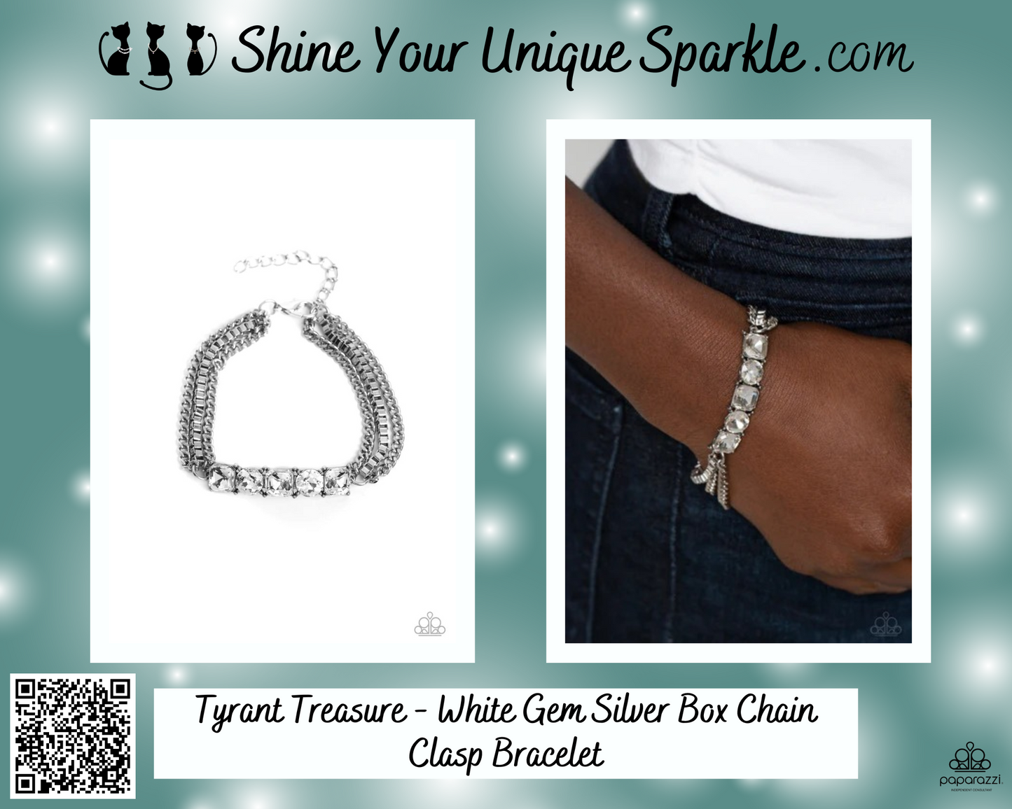 Tyrant Treasure - White Gem Silver Box Chain Clasp Bracelet