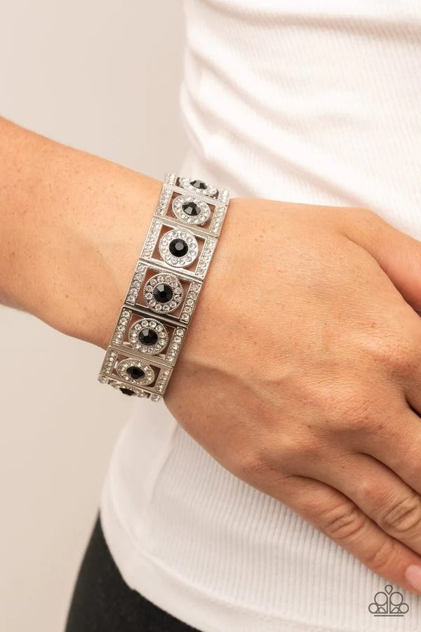 Ultra Upscale - Black and White Rhinestone Silver Stretchy Bracelet